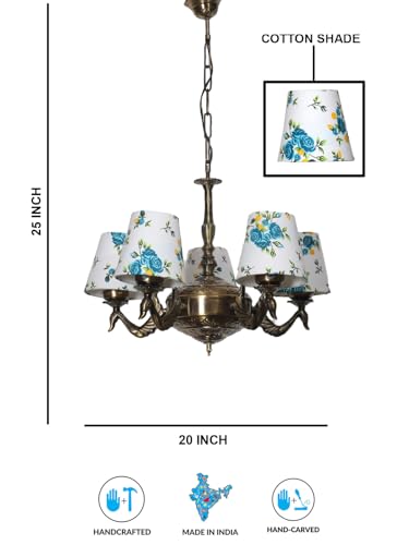 Image of Devansh 05-Light Printed Conical Multicolor Cotton Shade Chandelier - Antique Golden Finish | Adjustable Cord | Warm Glow Lamp - Ceiling Light for Living Room, Dining Area, BedroomDecor - D2