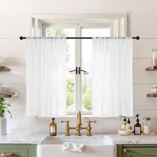 Image of BGment White Linen Cafe Curtains 36 Inch Length, Small Drapes Semi Sheer for Bathroom Kitchen Decor Lightweight Rustic with Rod Pocket, 2 Panels Set, Each 24 Inch Wide