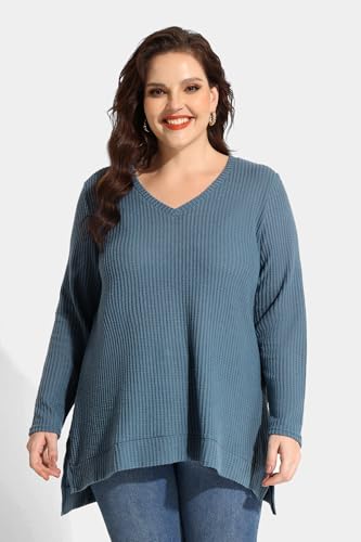 Image of RITERA Plus Size Women Sweaters Waffle Knit Pullover Top Long Sleeve Casual Crewneck Shirt Loose Split Hem Fall Winter Blouse