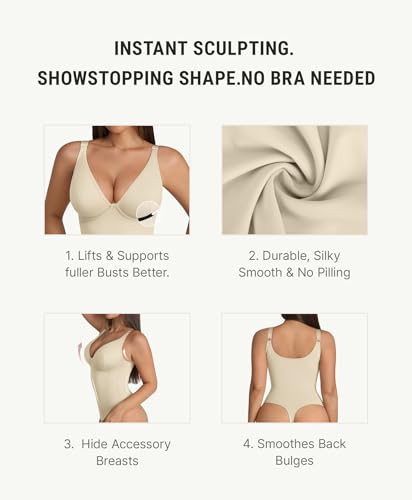 Image of FeelinGirl Shapewear Bodysuits for Women Tummy Control Body Suits Deep V Neck Thong Body Shaper