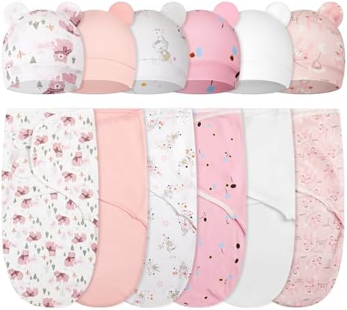 Ramede 6 Pack Swaddle Blanket with Hats for Baby Girl Boy 100% Cotton Swaddles 0-3 Months, Adjustable Breathable Skin Friendly Receiving Blanket Wrap, Essential for Newborns(Bear,Pink)