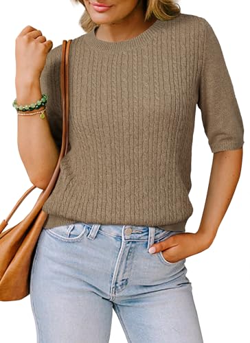 Arach&Cloz Women's Wool Blend Short Elbow Short 3 4 Sleeve Tops Old Money Clothes Summer Crew Neck Cable Knit Fall Dressy Casual Pullover Fashion Teacher Outfits Sweater 2025 Brown L
