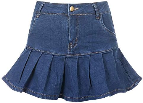 Miniatura 6 de Sexy caliente cintura alta plisada cremallera faldas Y2K flaco azul faldas mujeres patchwork plisado denim mini falda con cadena