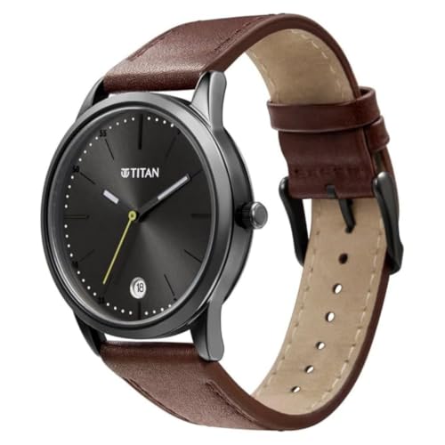 Image of Titan P3H +Date @ 6H Classique Anthracite Round Dial Brown Colour Leather Strap Mens Watch - 1806QL01