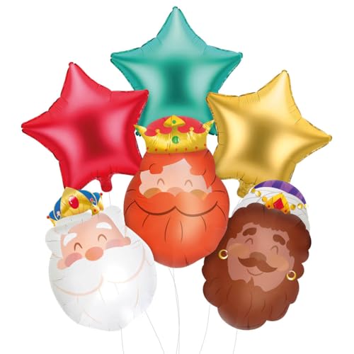 OH YEAH - Set 3 Globos Reyes Magos y 3 Globos Estrella Rojo, Verde y Oro - Decoracion de Globos Reyes Magos - Globos Estrella Metalizados Fiesta - Globo Rey Magos - FÁCIL MONTAJE