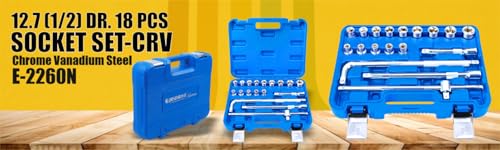 Image of Eastman 1 /2 Sq. Drive Sockets Sets, Chrome Vanadium Steel, Double Chrome Plated Square Drive, Mirror Finish(14 Sockets + 4 Accessories) Set Of 18Pcs (E-2260)