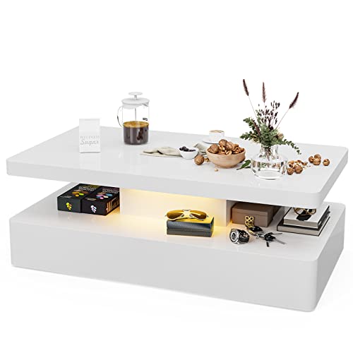 Ikifly Modern High Glossy White Coffee Table With 16 Colors Led Lights, Contemporary Rectangle Design Living Room Furniture, 2 Tiers #TOP3