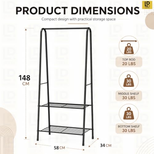 Image of LEOPAX Heavy Duty Metal Clothes Rack with 2 Shelves, Garment Hanging Rail & Coat Stand for Clothes, Shoes, Bags Storage, Freestanding Wardrobe Organizer for Bedroom, Entryway & Laundry Room - Black
