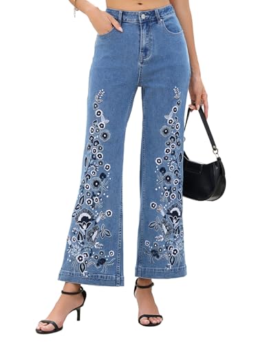 Kedera - Kedera Womens Embroidered Straight Leg Jeans Mid Rise Stretch Denim Flared Pants Relaxed Fit Casual Boho Floral Jeans - Best Deal on Amazon