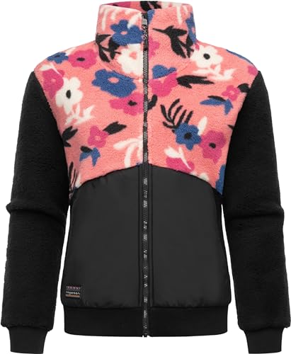 Ragwear leichte Damen Fleecejacke Kurze Teddyfleece-Jacke warm Plüschjacke mit Blumen-Muster Madaras Flower Coral Gr. XXL