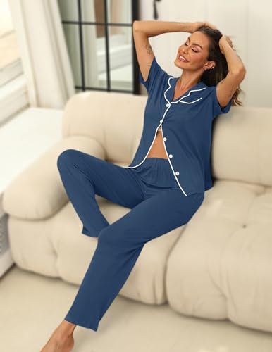 Image of HNG Women Pajamas Set 2 Piece Button Up Pajamas Pant and Short Sleeve Shirt for Woman Pj Sets with Pocket