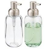 mDesign Round Plastic Refillable Liquid Soap Dispenser Pump Bottle for Bathroom Vanity Countertop, Kitchen Sink - Holds Hand Soap, Dish Soap, Hand Sanitizer, Essential Oils - 2 Pack - Clear/Satin