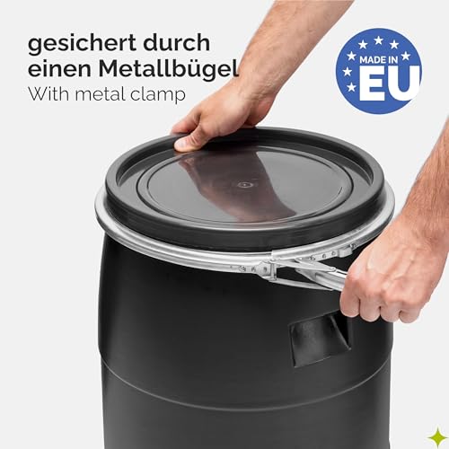Garronda 60 Liter Deckelfass Weithalsfass aus HDPE Regenfass für Garten Fass 60l Wassertonne Futtertonne Wasserbehälter Universalfass Wasserfass Lebensmittelfass Wassertank GD-0078, Schwarz