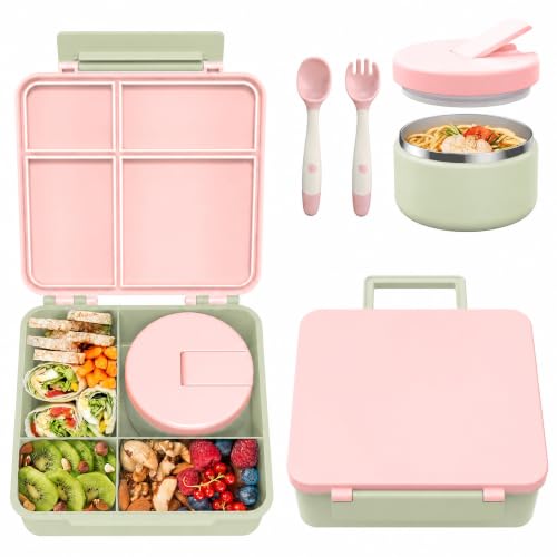 Image of Bento Lunch Box with 8oz Soup Thermo, Kids Leakproof Lunch Food Containers with 4 Compartment, Kids Thermo Insulated Hot Food Jar for School, Trvael (Green-Pink)