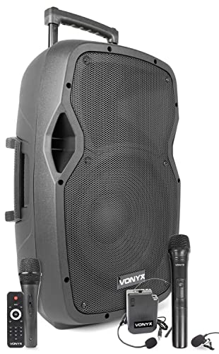 Vonyx AP1200PA Enceinte Sono Portable avec Microphones sans Fil, Filaire et Casque - 600W Max, Bluetooth, USB/SD/MP3, Boomer 12'', avec poignée télescopique et roulettes pour Les déplacements