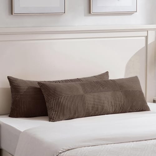 Image of Fancy Homi Set of 2 Dark Brown Boho Long Lumbar Body Decorative Throw Pillow Cover 14x36 Inch for Bed Couch Bedroom Bench, Soft Patchwork Corduroy Textured Pillow Case, Rustic Farmhouse Room Decor