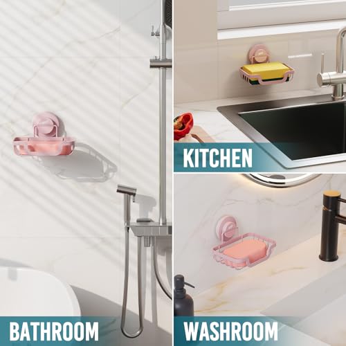 Image of TAILI Soap Dish, Bar Soap Holder Suction Cup, Stainless Steel Sponge Holder | Soap Dish for Shower Wall, Self-Draining Soap Holder Shower for Bathroom & Kitchen, Pink