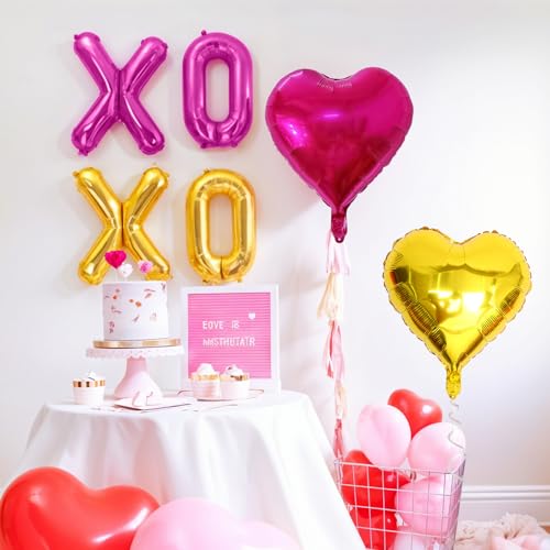 Image of XOXO Heart Balloons 6 Pcs Valentines Day Balloons Hot Pink Gold Heart Shaped Balloon XOXO Foil Balloon Letters for Girls Women Anniversary Sweet Valentine Day Romantic Decor Special Night Party