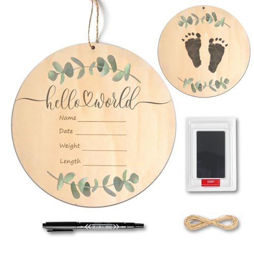 Image of Baby Birth Announcement Sign with Marker Pen, Wooden Hello World Newborn Sign with Ink Pad for Baby Hand and Footprints, Double-sided Newborn Announcement Sign for Baby Shower Photo Prop Keepsakes