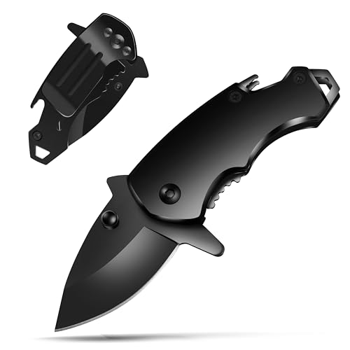 Coowolf Small Pocket Knife for men, 1.58 Inch Blade, Black Stainless Steel, Compact Keychain knife with Safety Lock and Clip for Camping, Hiking, Daily Tasks, Mini Folding Box Cutter EDC Gadgets Tools