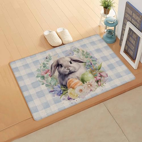 Easter Wreath Bunny Kitchen Bath Door Mat Cushioned Runner Rug,Washable Welcome Floor Sink Antifatigue Mat,Waterproof & Non-Slip Comfort Standing Doormat,Watercolor Floral Egg Plaid Spring 18