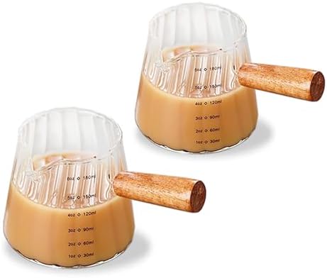 2 Pcs Glass Milk Creamer, Creamer Pitcher with Wood Handle, Measuring Cups with Spout, Coffee Milk Serving Cup Espresso Accessories, 180ML