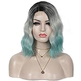 Youthfee Bob Wig Short Curly Wavy Wigs Ombre Thres Tons Dark Grey Roots Silvery to Green Colorful...