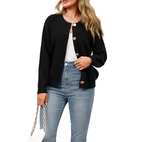 Bykoag Women's Crew Neck Cropped Cardigan Sweaters Fall Trendy Long Sleeve Open Front Button Down Shrug Sweater Black