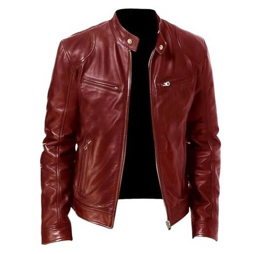 WSLCN Jaqueta masculina de couro sintético, jaqueta bomber, Vermelho escuro, GG