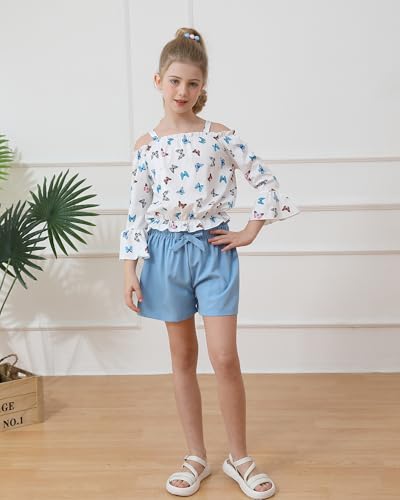 Image of Weebaby Girls Clothes 2 Piece Outfits Cute Kid Clothes Crop Top Paperbag Waist Shorts Set Summer Clothes for Tween Girls