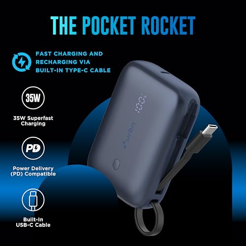 Image of URBN 10000 mAh 35W Super Fast Charging Power Bank with Built-in USB-C Cable| Triple Output | Two Way Fast Charge | Made in India | for MacBook Air, iPhone, Android & More (Blue)