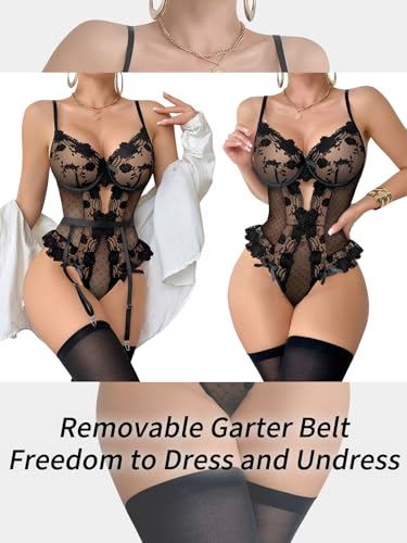 Image of Lilosy Sexy Stocking Lace Mesh Bodysuit Top Underwire Garter Lingerie Set 3 Piece