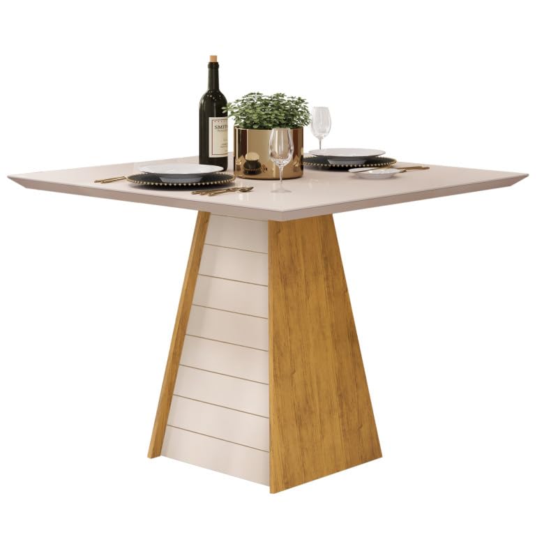 Table à Manger 4 Places Carrée Chêne et Blanc Dessus Verre L 90 H 80.7 cm