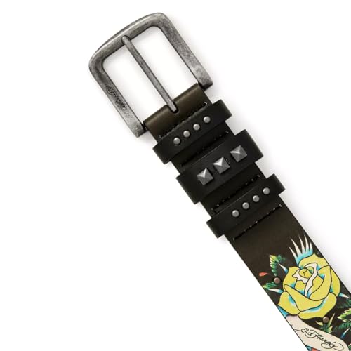ED HARDY Men's 38mm Skulls & Roses Print Studded Belt4