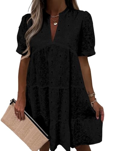 Image of Imily Bela Womens Summer Lace Dresses Eyelet Casual Flowy Babydoll Swing Short Sleeve V Neck Tunic Dress