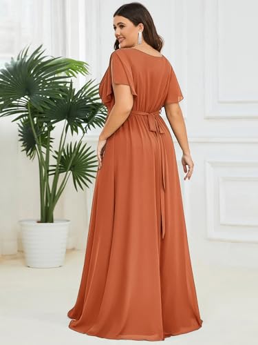 Image of Ever-Pretty Plus Women's Spring Chiffon A-Line Plus Size Bridesmaid Dress Empire Waist Ruched Formal Wedding Guest Dresses Brandied Melon US20