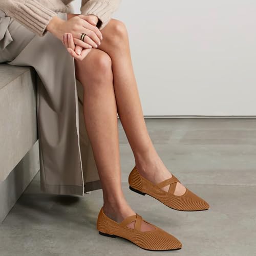 Image of TINGRISE Womens Mary Jane Flats Knit Ballet Flats for Women Pointed Toe Dressy Comfortable Slip-On Flats Shoes for Work Casual