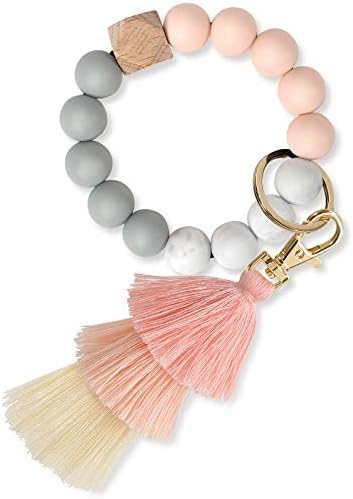 YUOROS Keychains for Women, Bead Key Chain Ring for Women with Boho Tassel (Pink)
