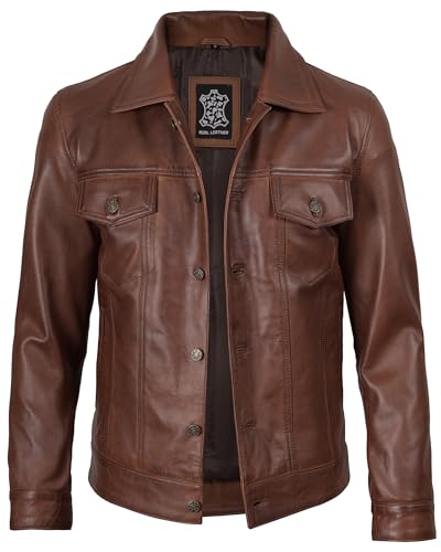 Image of fjackets Real Lambskin Vintage Trucker Leather Jacket Men - Shirt Collar Style Leather Jackets For Mens