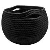 Small Round Cotton Woven Basket,Handmade Wicker Storage Basket for Living Room Small Toys, Round Storage Basket for Tiny Corner Decoration, Plant Baskets Indoor 10x8.3in (Black)