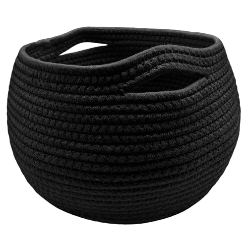 Round Woven Basket, Handmade Small Wicker Storage Basket Cotton RopeBasket for Living Room, Toys, Towel, Bedroom, Corner Decoration, Plant Baskets Indoor, Sundries, 25.5x21cm (Black)
