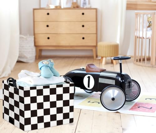 Image of Rectangular Car Basket for Boys Checkered Basket Kids Baby Storage Bin Toy Organizer Box Car Room Decor(Racing Flag)