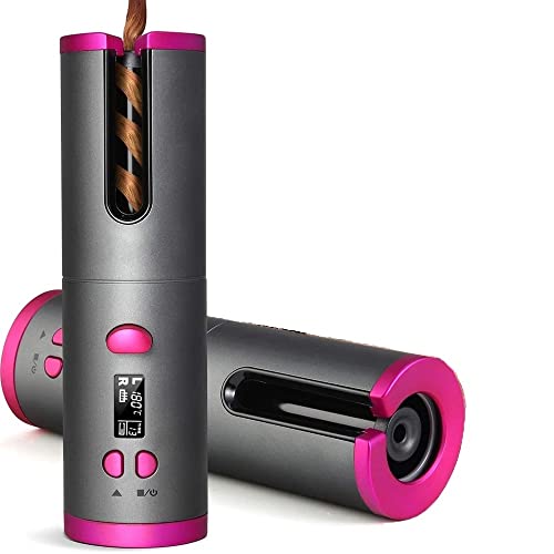 EMEBAY Rizador automático inalámbrico, rizador de pelo recargable USB, rizador antigrietas con temporizador, rizador automático giratorio portátil 6 temperatura pelo largo y corto