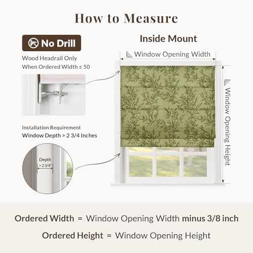 Image of TWOPAGES No Drill Cordless Vintage Leaf Print Roman Shades Linen Textured Roman Blinds for Windows, Custom Made Room Darkening Light Filtering Roman Window Shades, Jade, 1 Piece