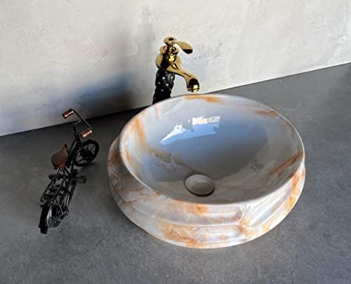 Image of Designer Glossy Finish Ceramic Art Table Top Wash Basin For Bathroom | Collapsible Countertop Washbasin (Black White Glossy Art, 16 x 13 x 6 Inch)