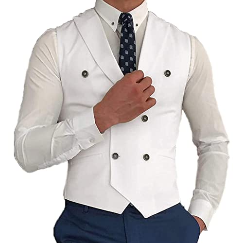 Men Suit Vest, Double Breasted Slim Fit Lapel Groomsmen Wasitcoat for Tuxedo Blazer (M-3XL Size to Choose) (Color : White, Size : Medium)