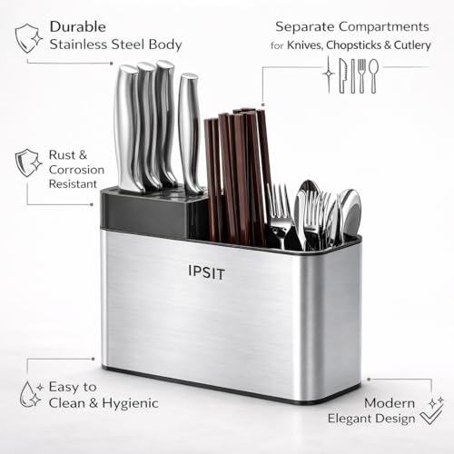 Image of Stainless Steel Spoon Holder & Cutlery Stand for Kitchen | Knife, Spoon, Fork Organizer | Large Utensil & Spatula Holder for Countertop & Dining Table (Knife Cutlery Holder)