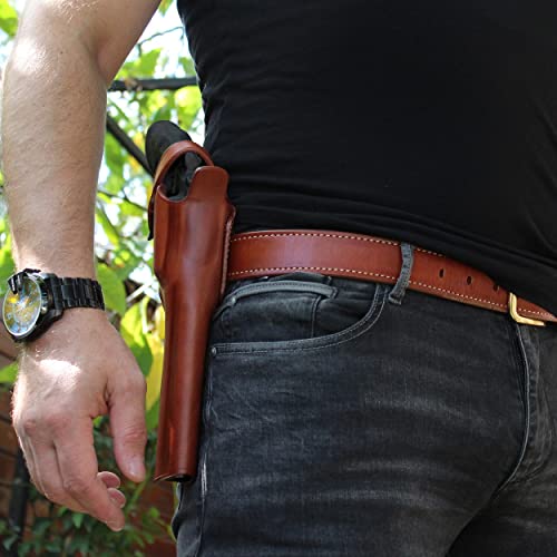 Premium Leather Three Slots Belt Holster With Retention Strap Fits Taurus Raging Hunter 44 Mag/ 454 Casull 5.12" Bbl, Right Hand Draw, Brown Color #1575# #TOP4