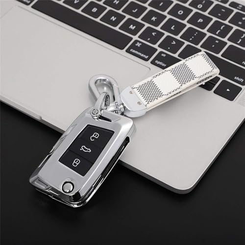 Leather Car Keychain, 2Pcs Stainless Steel Keyring with Anti-Lost D Buckle, Scratch Resistant Key Ring Accessories with 2 Pcs Screwdriver, Ideal for Car, Motorcycle, Bike, House Keys, Brown, White