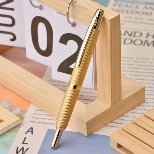 Image of Jinhao 10 Press Fountain Pen with Box, Brushed Matte Gold Retractable Medium Nib with Ink Converter Set (Golden Clip)